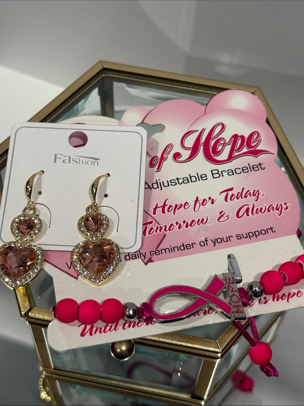 Hope Pink Adjustable Bracelet with Pink Heart Earrings